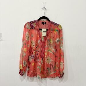Hale Bob 100% Silk Floral Print Long Sleeve V-Neck Blouse Top Orange Women's XS
